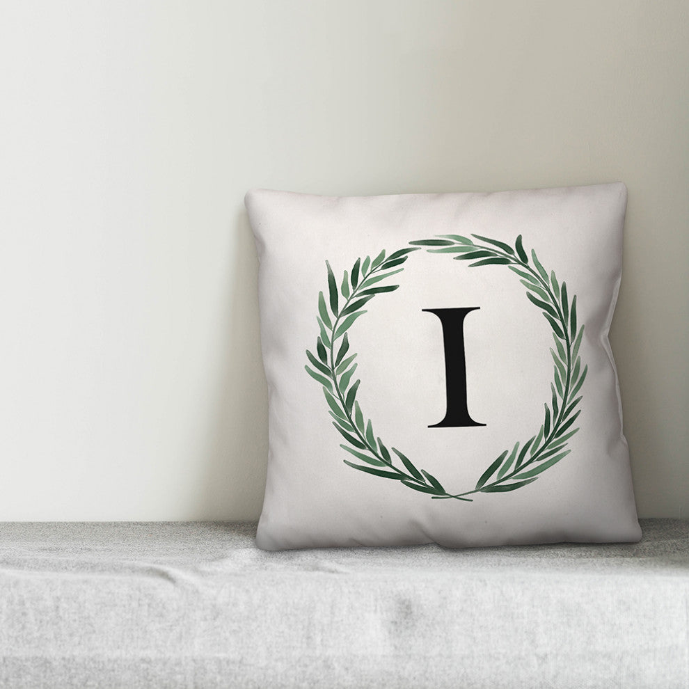 Watercolor Greenery Wreath Monogram I 18x18 Spun Poly Pillow
