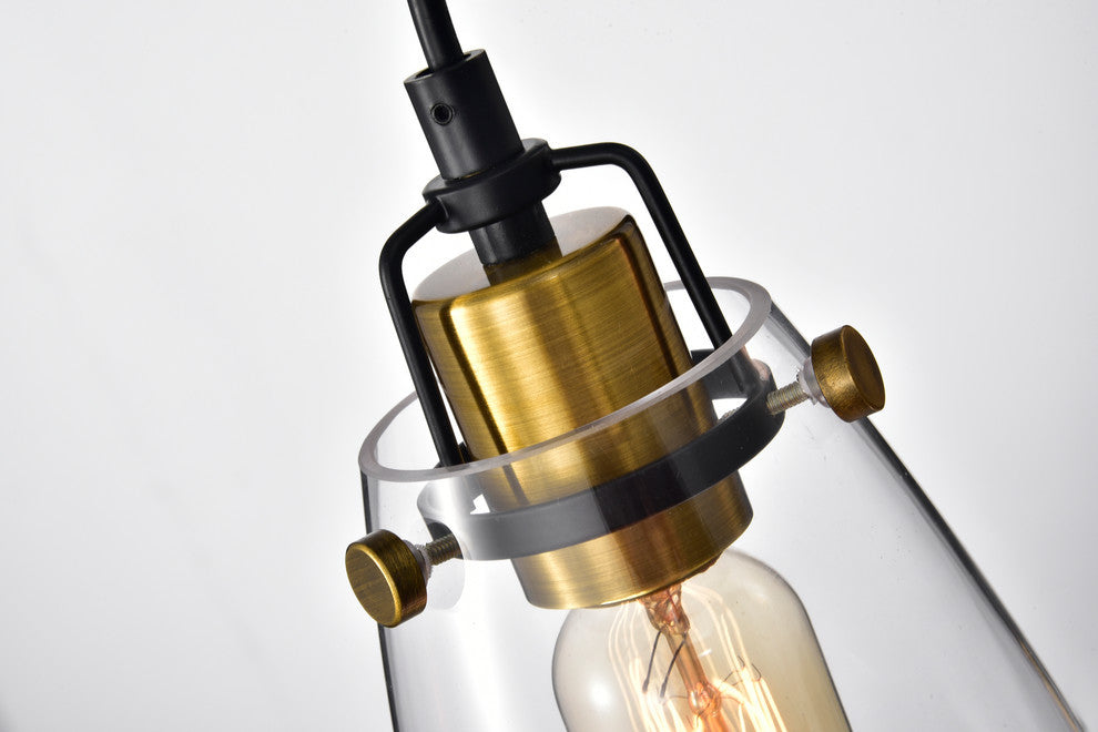 3-Light Black and Antique Gold Pendant With Wire and Glass Shade