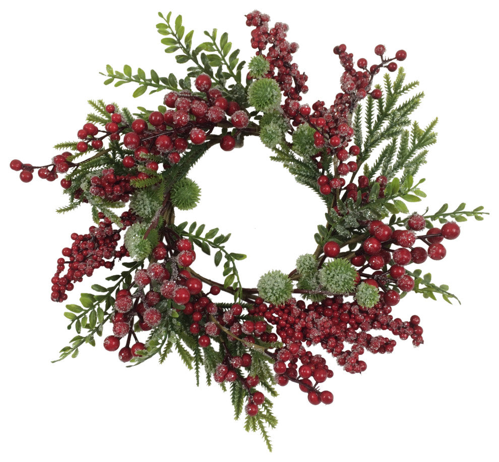 Artificial Frosted Red Berry and Pine Christmas Wreath, 16", Unlit