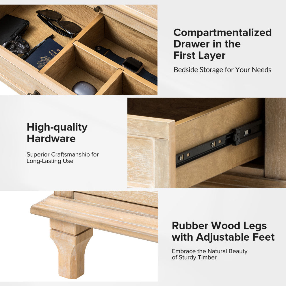 3-Drawer Nightstand With  Built-In Outlets Set of 2, Natural