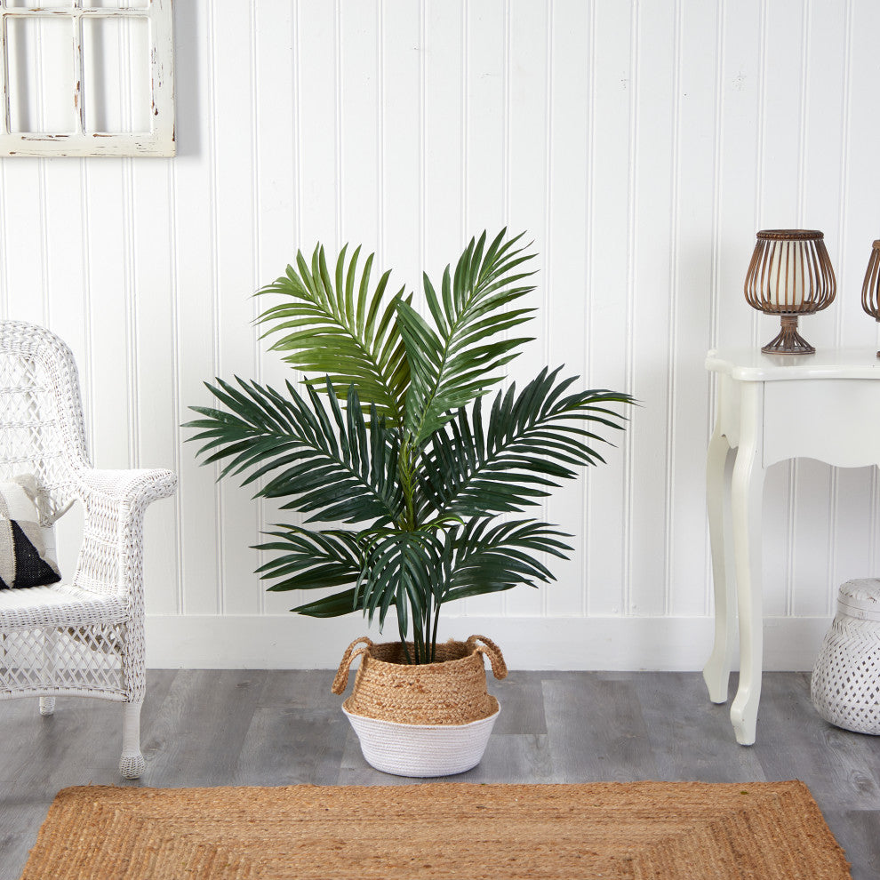 4' Kentia Palm Faux Tree, Boho Chic Handmade Cotton and Jute White Woven Planter