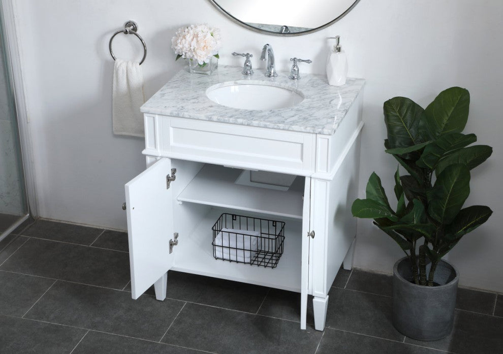 Home Living Vanity with Carrara White Marble Countertop, White, 30", Single Sink