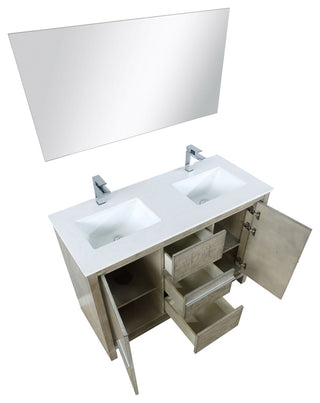 Lafarre 48 Rustic DB Vanity, Quartz Top, Sink, Rose Gold Faucet Set, 43 Mirror