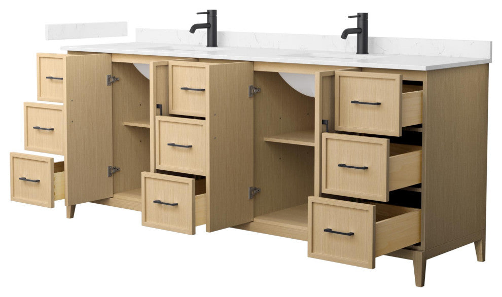 Elan 84" Double Vanity, White Oak, Carrara Cultured Marble Top, Black Trim