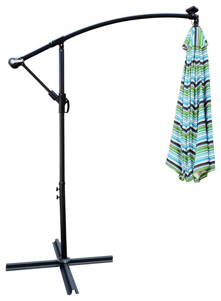 10' Steel Patio Umbrella Outdoor Market With Crank and LED Lights, Blue Striped