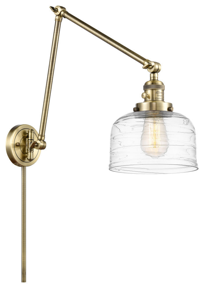 Bell Swing Arm With Switch, Antique Brass, Clear Deco Swirl, Clear Deco Swirl