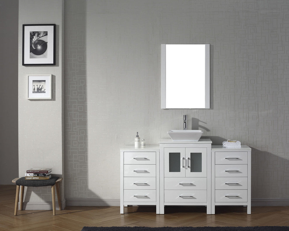 Virtu Dior 60" Single Bathroom Vanity, White With White Top, Faucet and Mirror