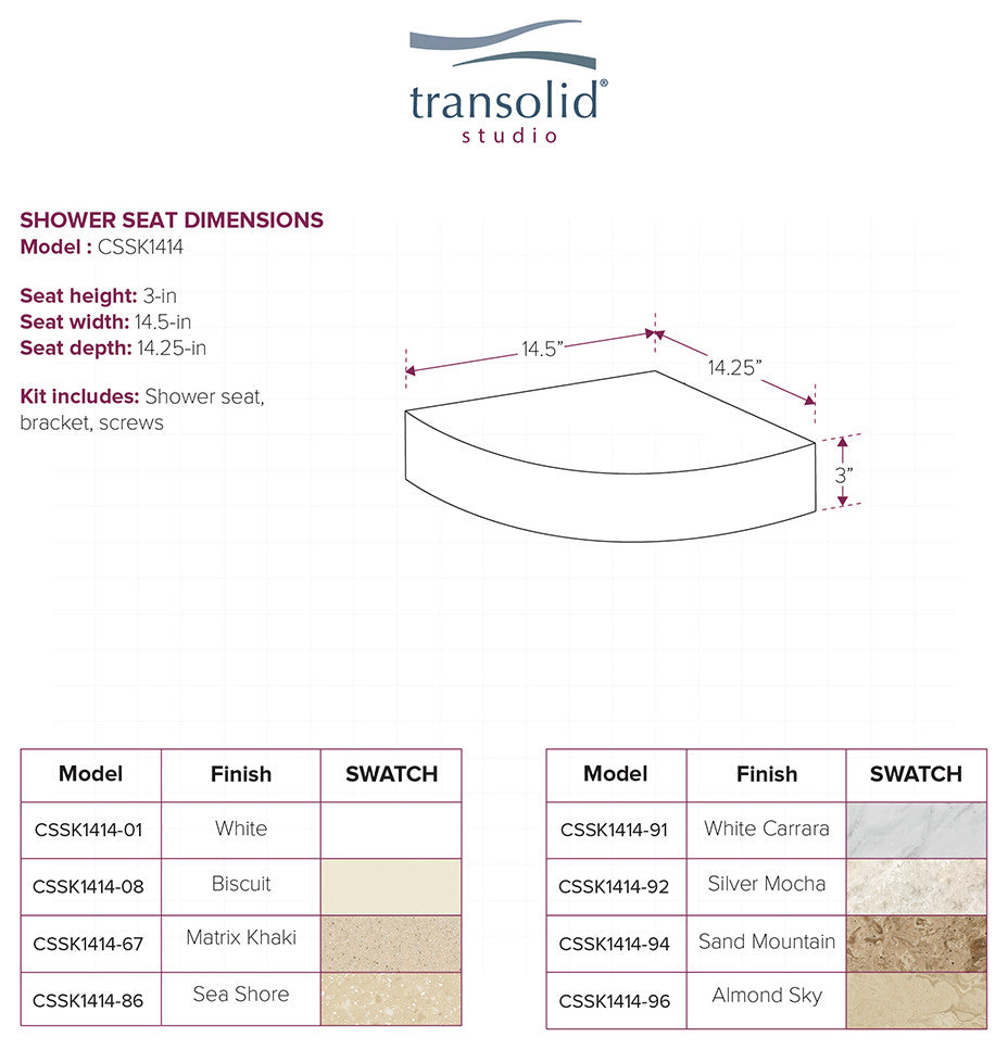 Transolid Studio Solid Surface Wall-Mount Corner Shower Seat, White