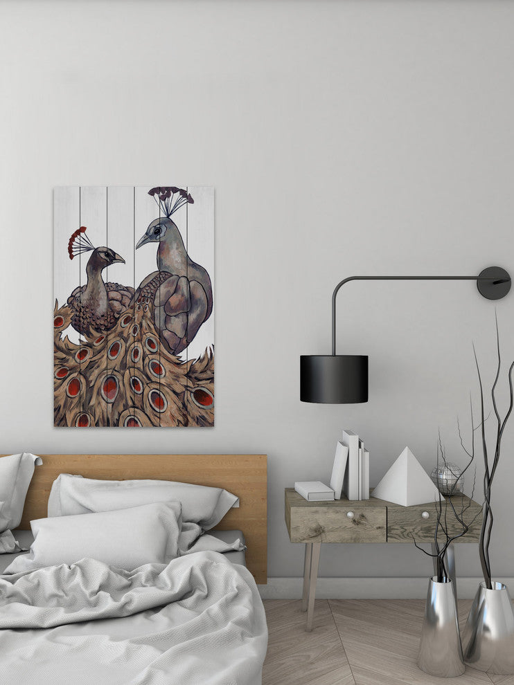 "Peacock Partner II" Painting Print on White Wood, 16"x24"
