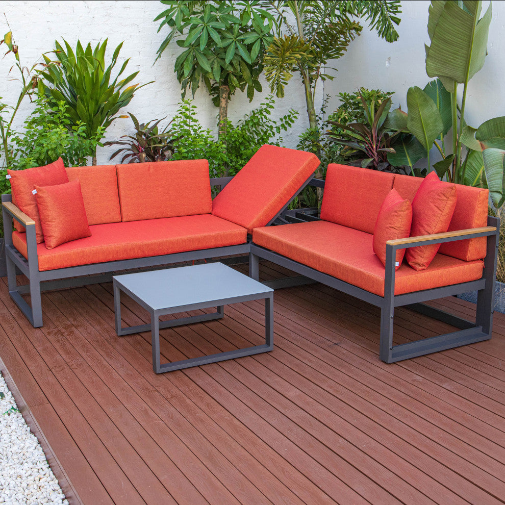 LeisureMod Chelsea Modern Black 3 Piece Outdoor Aluminum Sectional Set for Patio, Orange