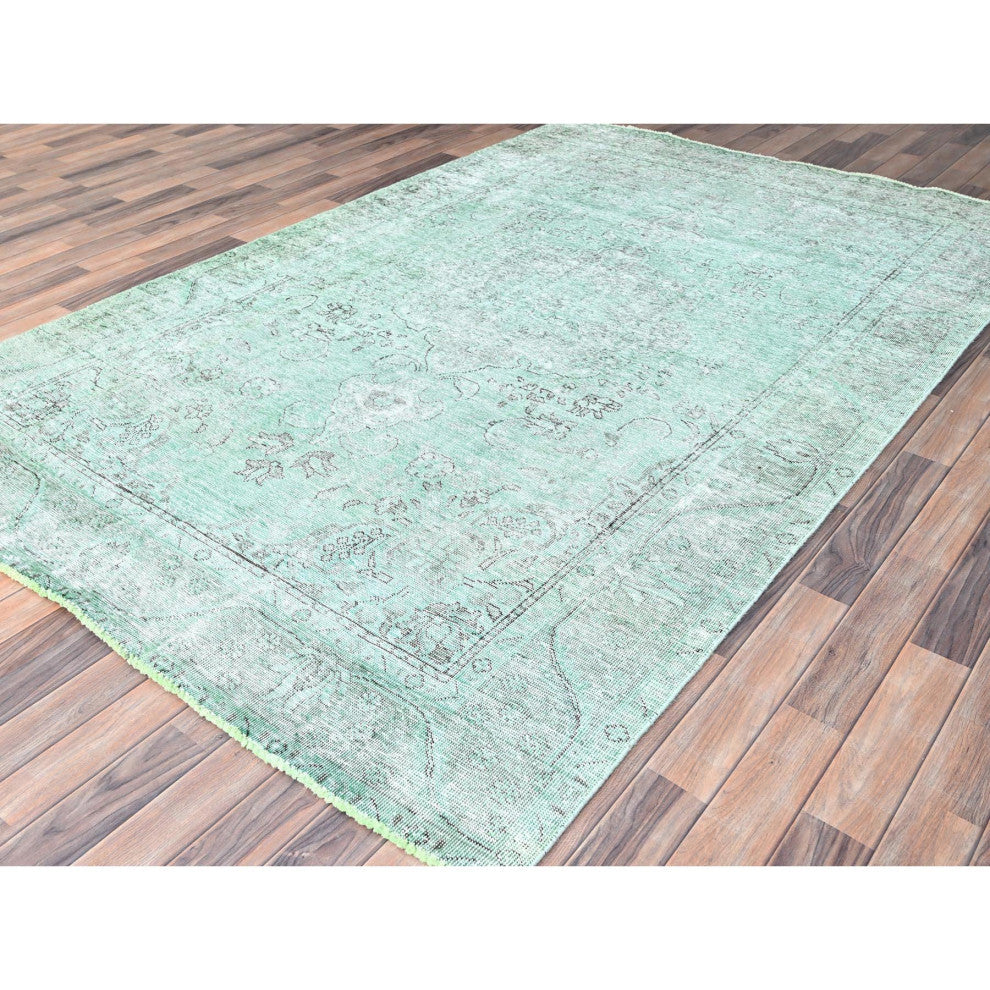 Celadon Green, Worn Wool, Hand Knotted, Vintage Persian Tabriz Rug, 6'2"x9'3"