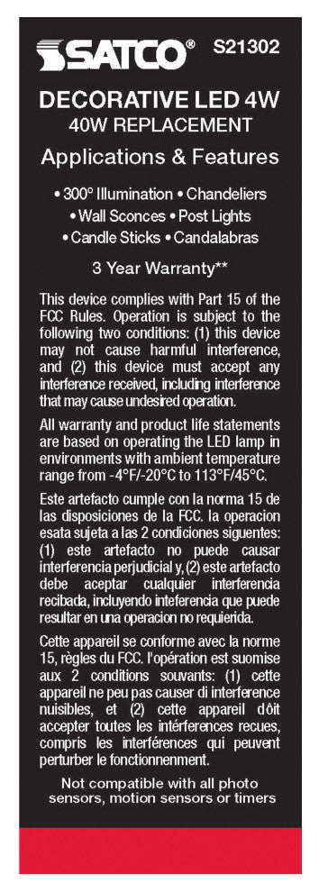 4W CA10 LED, Frost, Candelabra Base, 90 CRI, 4000K, 120V