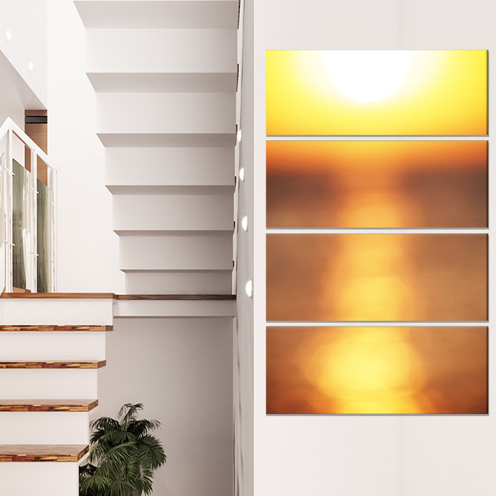 Abstract Yellow Sunset Reflection, Landscape Canvas Wall Art, 28"x48", 4 Panels