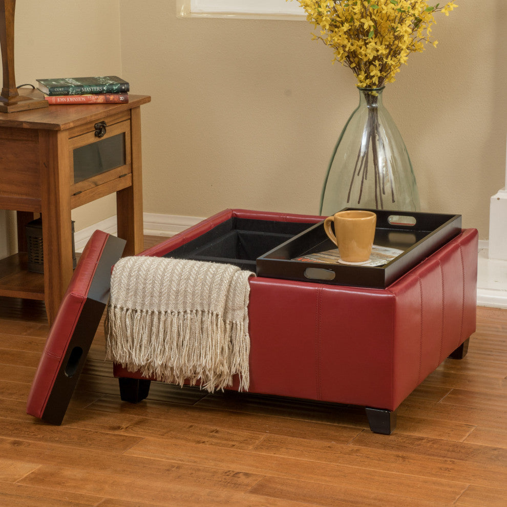 GDF Studio Justin Brown Leather Tray Top Storage Ottoman, Red