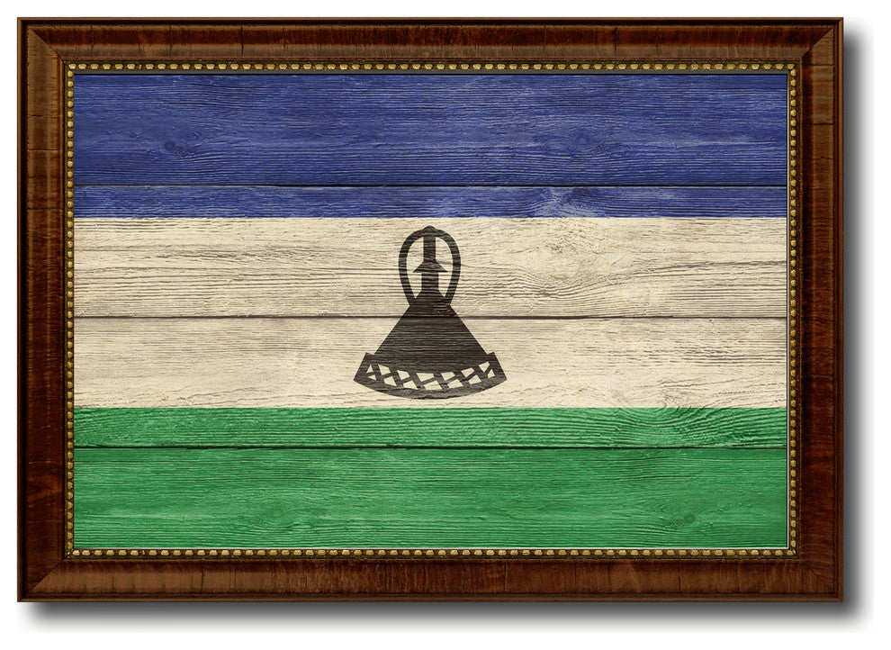 Lesotho Country Textured Flag Print With Brown Gold Frame, 19"X27"