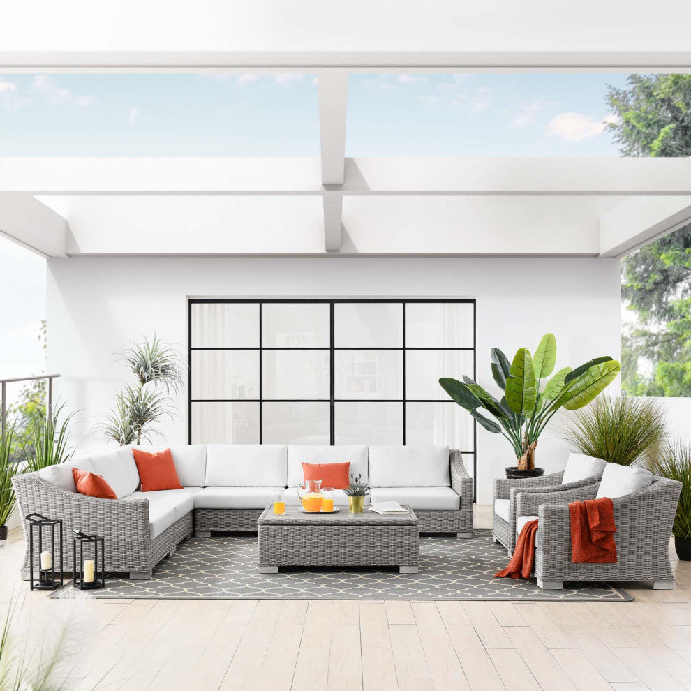 Outdoor Patio Wicker Rattan 9-Piece Sectional Sofa Furniture Set Gray White