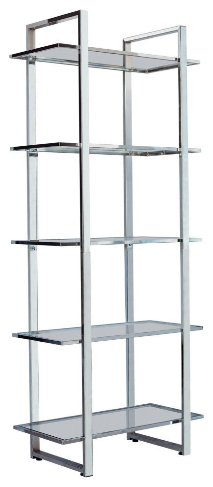 Benzara BM282971 Bookcase, Metal Frame, Tempered Glass Shelves, Polished, Silver
