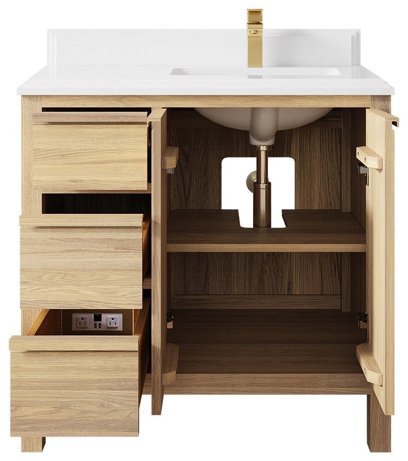 Elizabeth Oak 36" Right Offset Sink Vanity, White 1.5" White Quartz