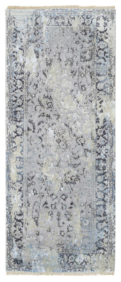 Gray, Hand Knotted Broken Kashan Design, Wool With Silk, Runner Rug, 2'6"x6'1"