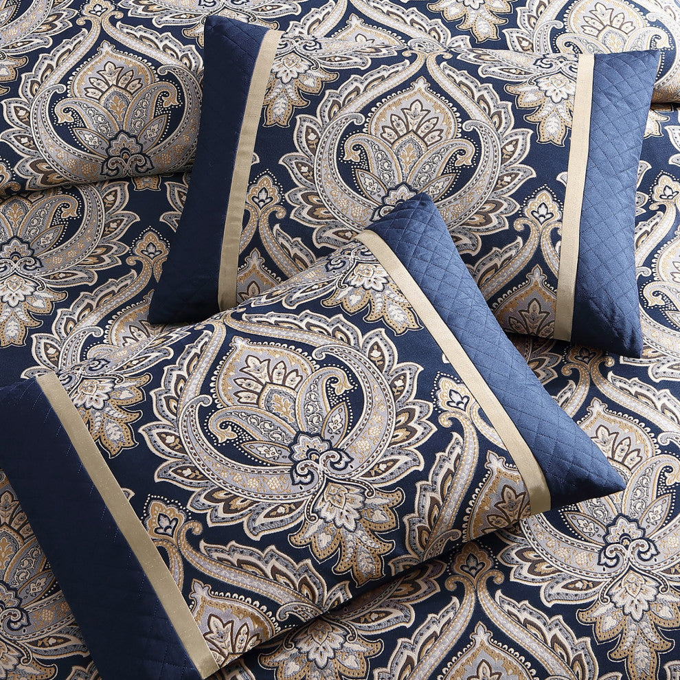 Benzara BM283873 Polyester Queen Comforter Set, Gold Damask Print, Navy Blue