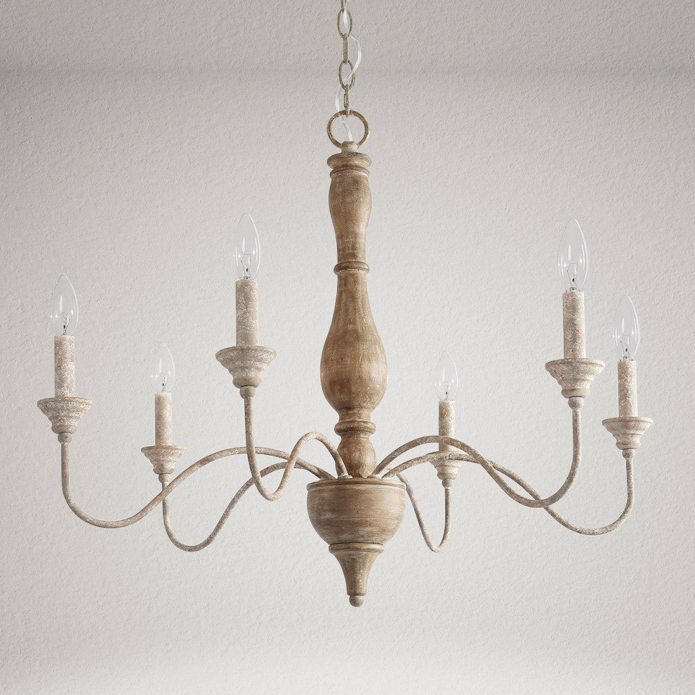 LALUZ 6-Light French Country Distressed White Wood Candle-Style Chandeliers