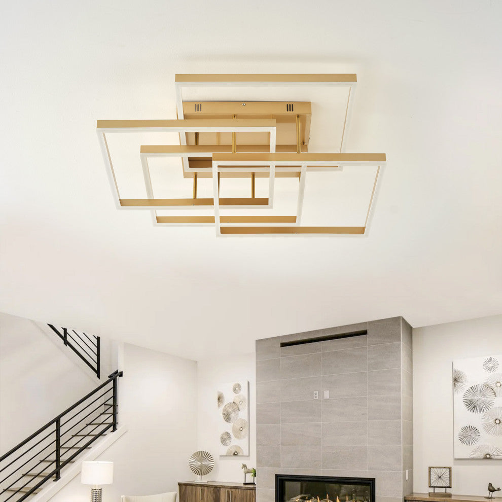 Modern Gold 4-Light Rectangular Dimmable LED Semi Flush Mount Ceiling Light