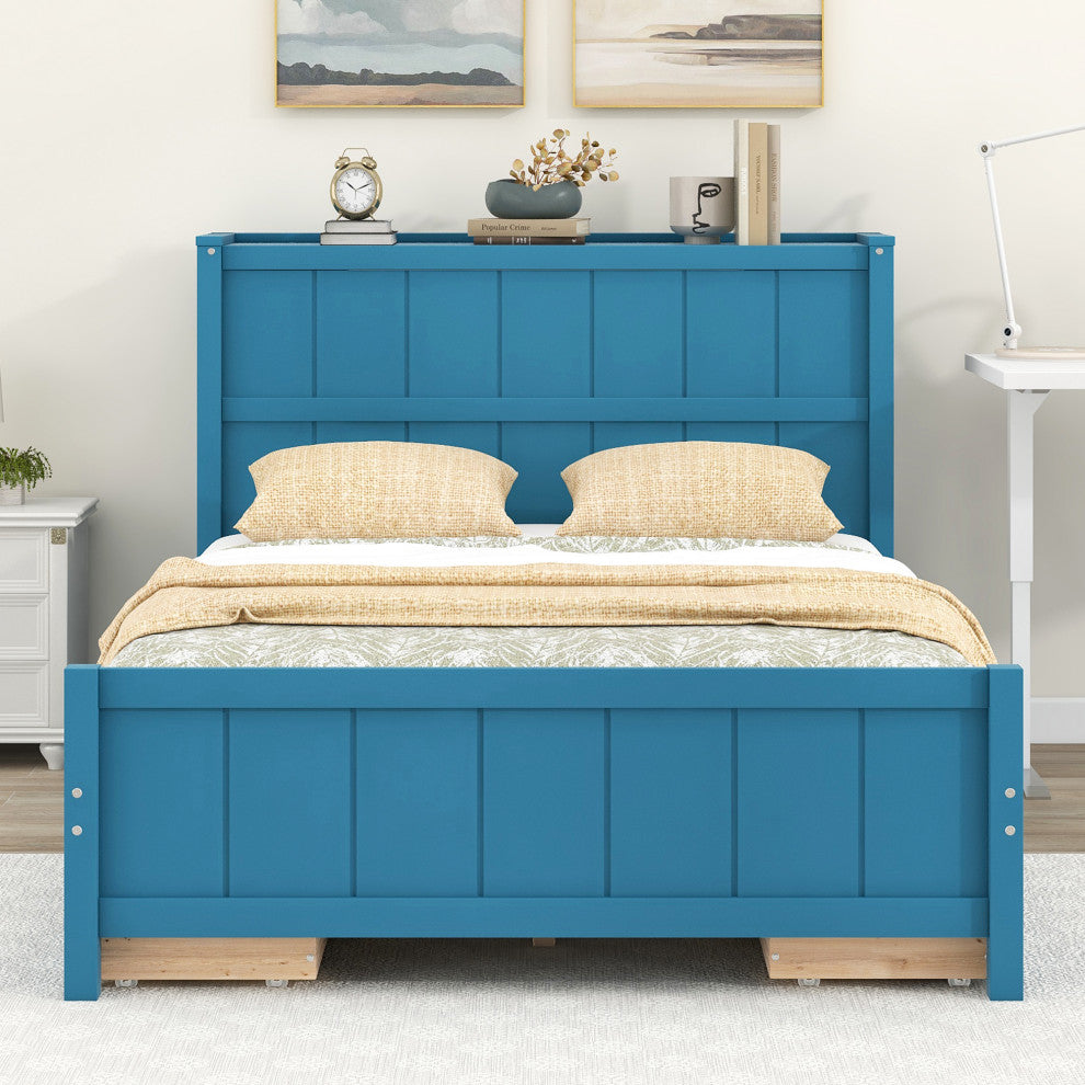 Full Size Platform Bed with Storage Drawers and Headboard Shelves (No mattress), Blue