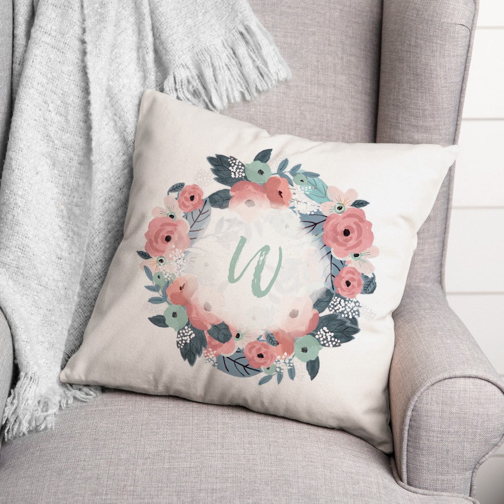 W Monogram Wreath 18x18 Spun Poly Pillow