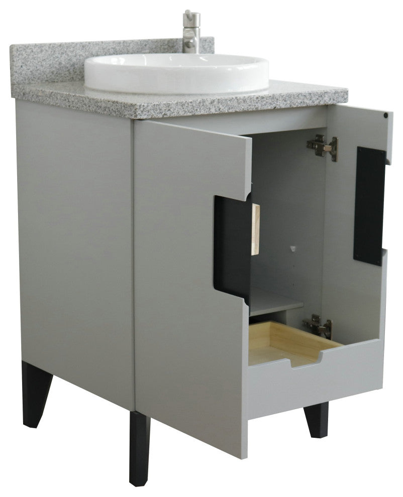 25" Single Sink Vanity, Light Gray Finish With Gray Granite And Round Sink