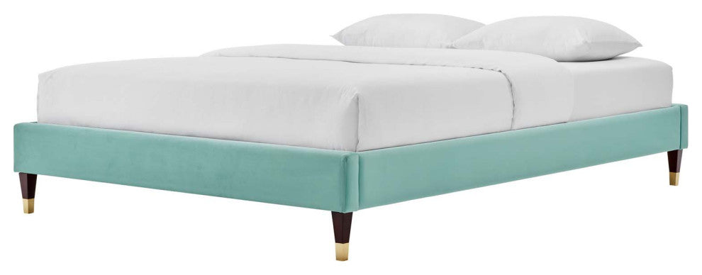 Platform Bed Frame, Twin Size, Velvet, Blue, Modern Contemporary, Bedroom Master