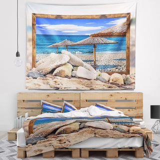 Framed Effect Beach Umbrellas Seashore Wall Tapestry, 60"x50"