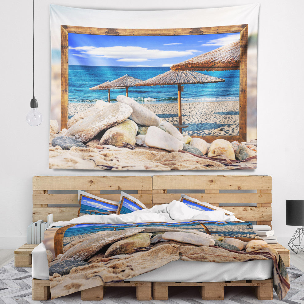 Framed Effect Beach Umbrellas Seashore Wall Tapestry, 60"x50"