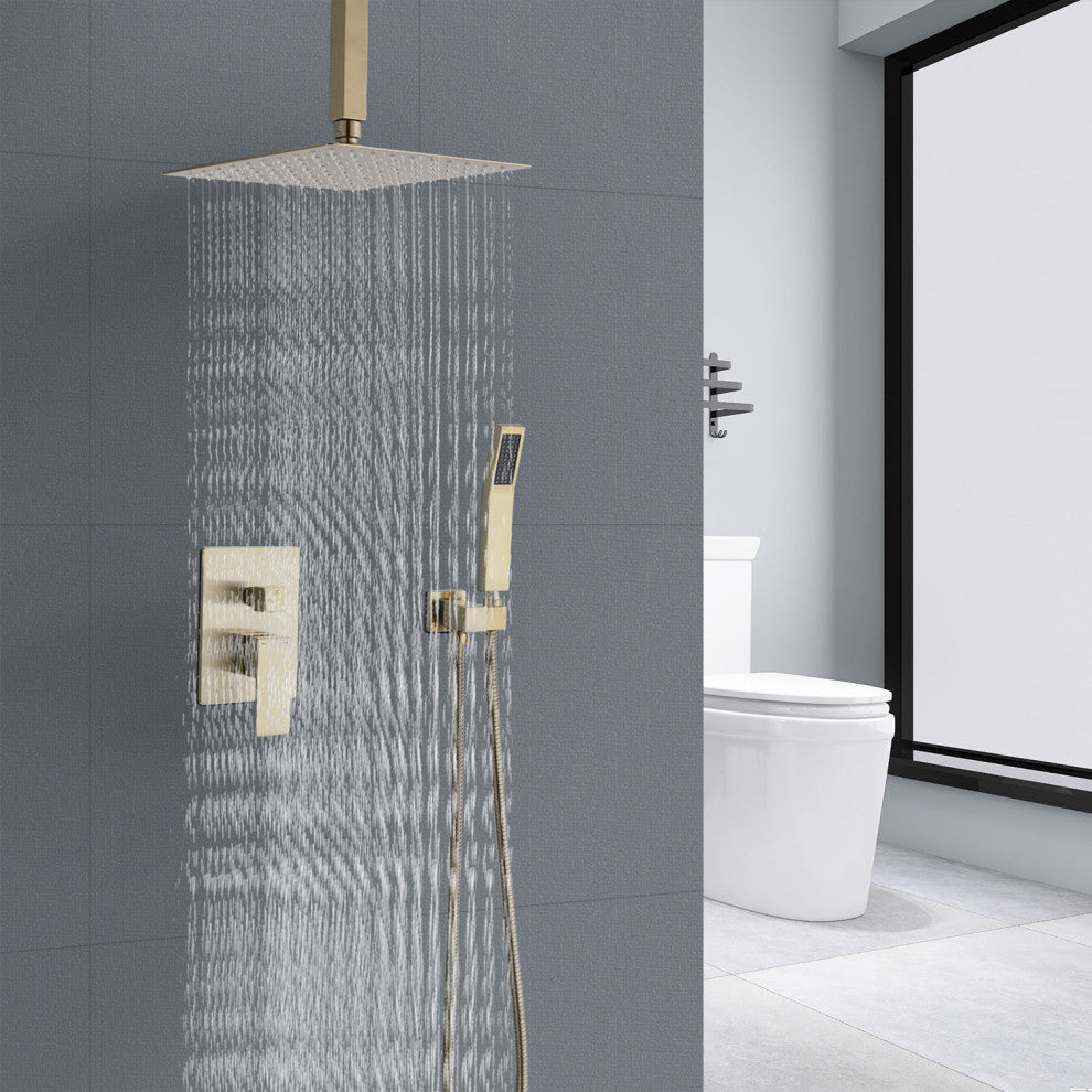 Ceiling Mounted Shower System Set With 16" Rain Shower Head, Brushed Gold