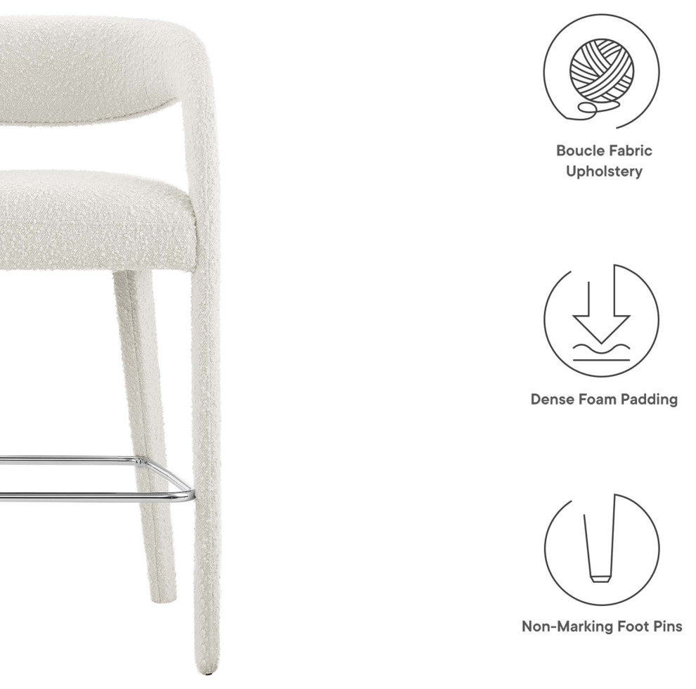 Pinnacle Boucle Upholstered Bar StoolSet of 2, Ivory Silver