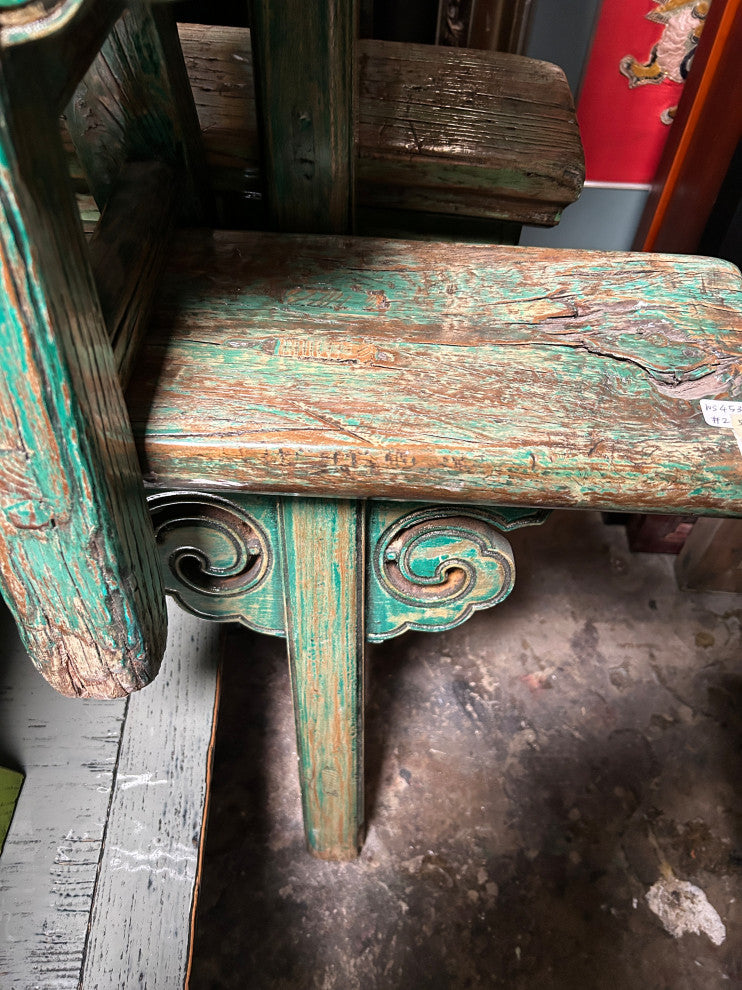 Distressed Brown Green Blue Village Slim Narrow Scroll Apron Wood Bench