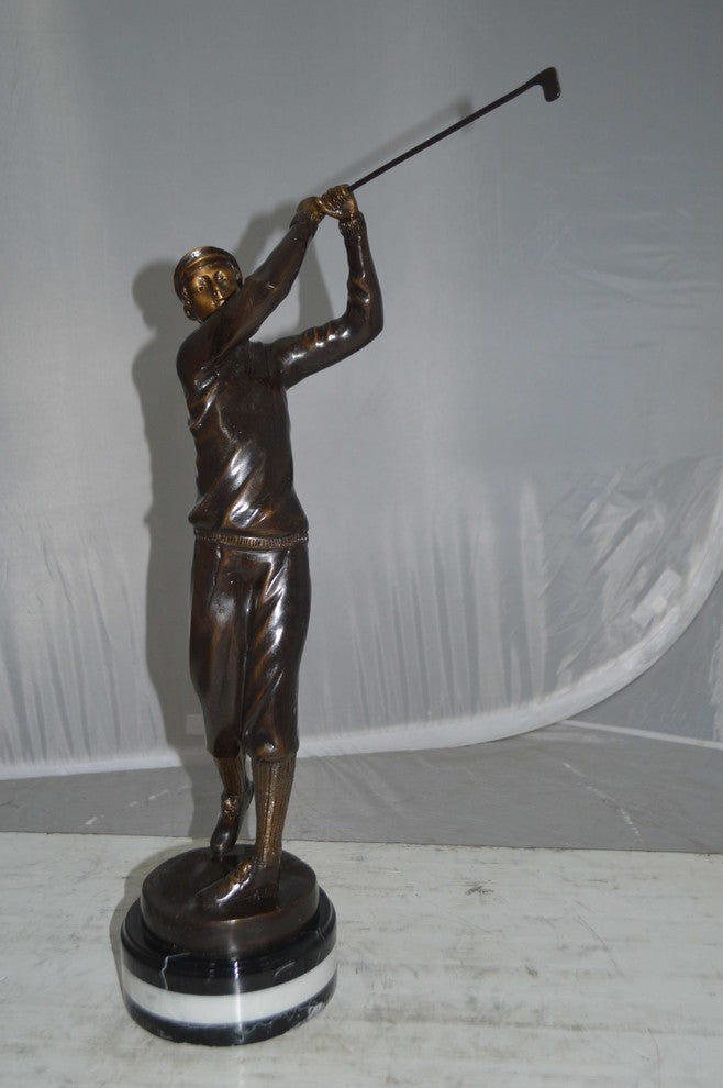 Golfer on Marble Bronze Statue -  Size: 8"L x 8"W x 22"H.