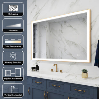 Framed LED Lighted Bathroom Vanity Mirror With Defogger, Gold, 48"x36"