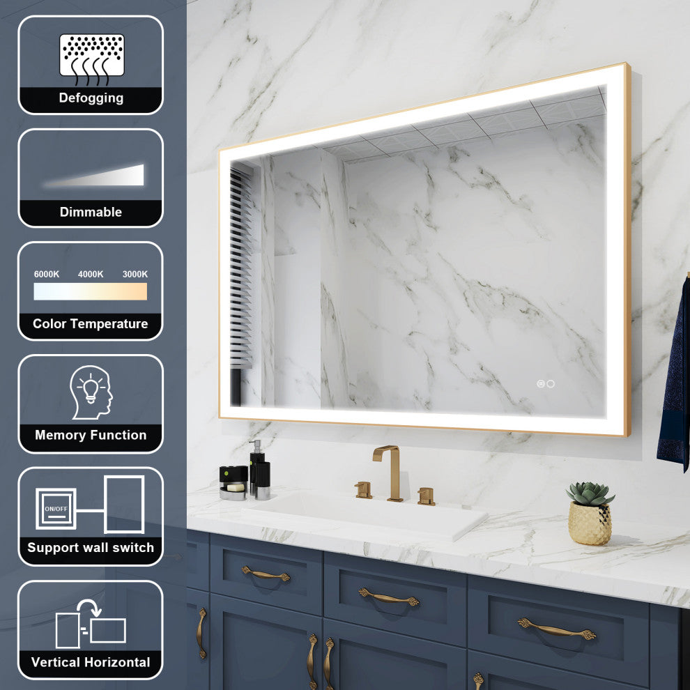 Framed LED Lighted Bathroom Vanity Mirror With Defogger, Gold, 48"x36"