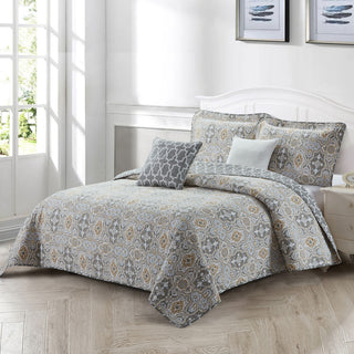 Lanza Printed Microfiber Quilt Coverlet Set, Grey, Over-Sized King, 122"x106"