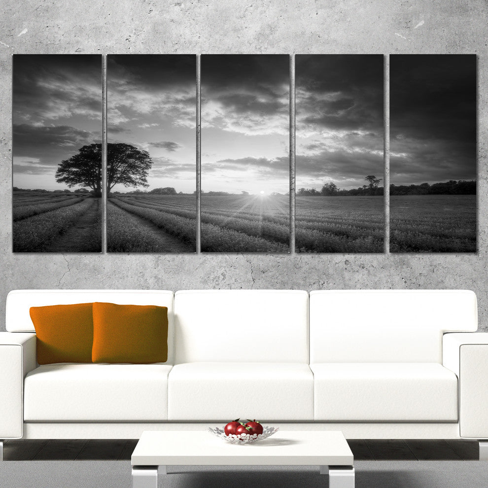 Vibrant Black White Lavender Field, Landscape Canvas Art, 60"x28", 5 Panels