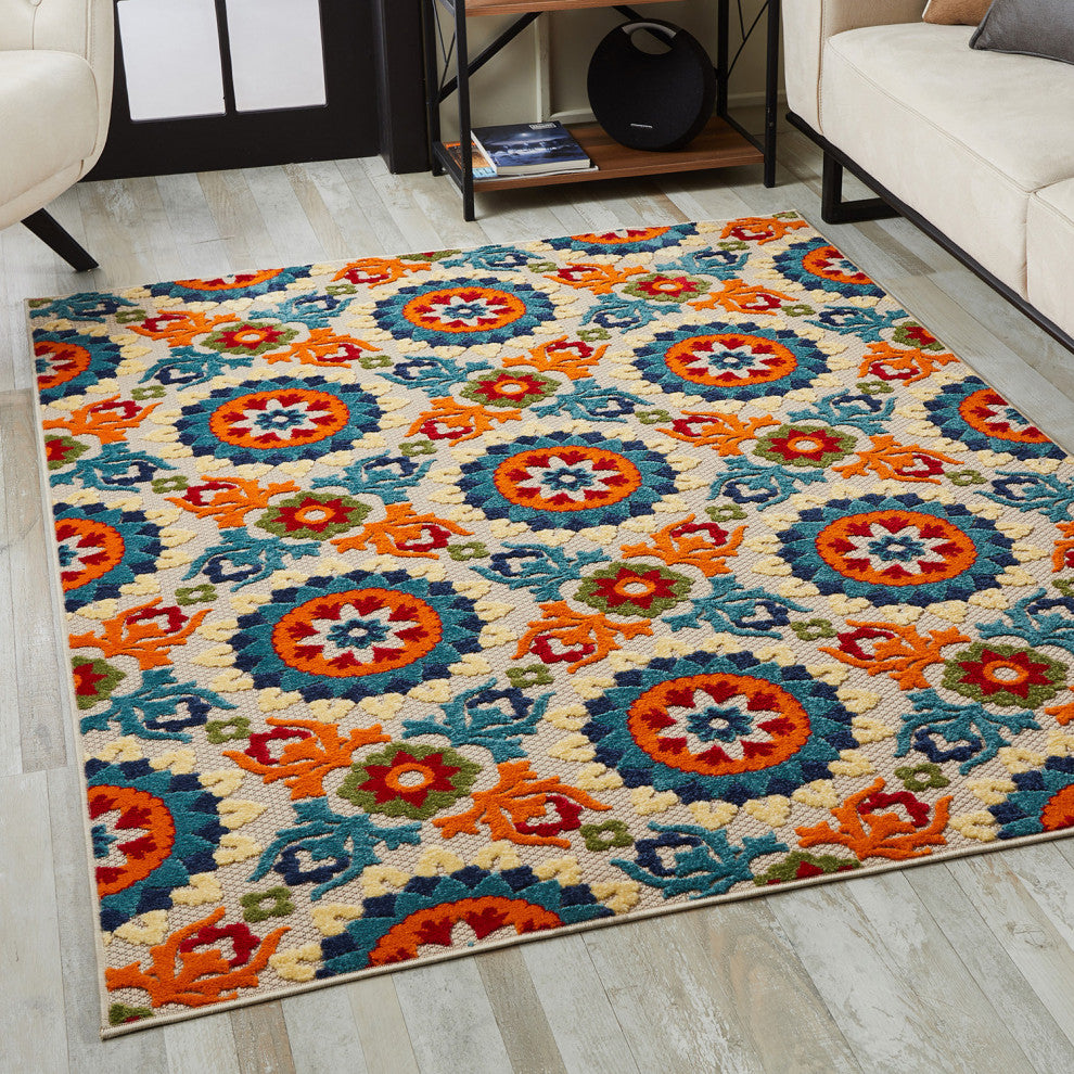 7"x9" Orange Floral Lattice Indoor Outdoor Area Rug