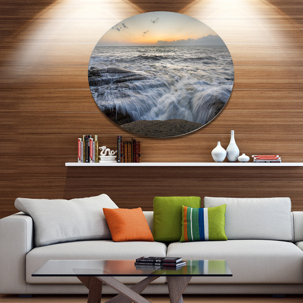 Troubled Sunset Sea Waves, Beach Disc Metal Wall Art, 23"