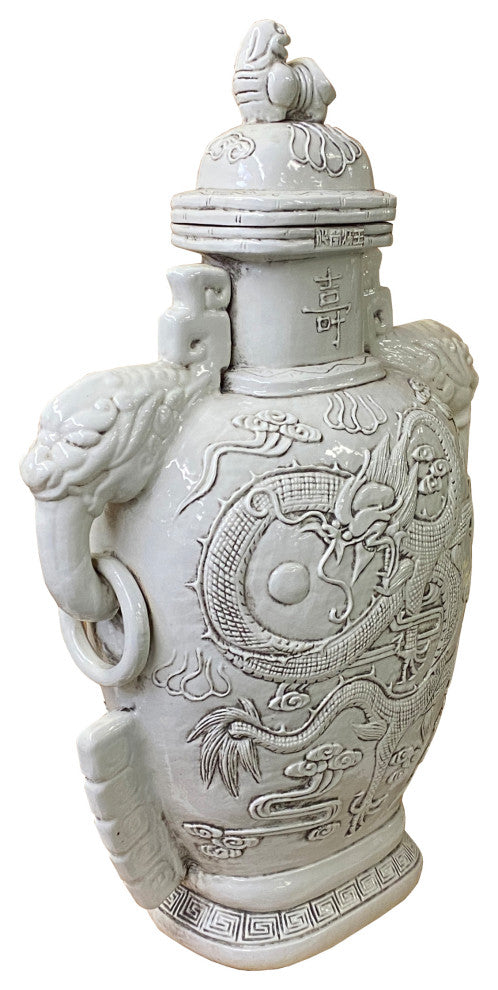 Chinese Ceramic Off White Color Dragon Elephant Ear Large Jar Hws1371