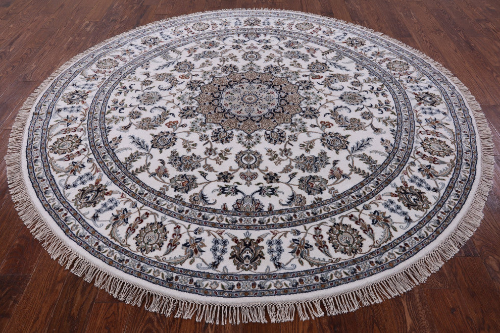 8' Round Persian Nain Wool and Silk Hand-Knotted Rug Q9365
