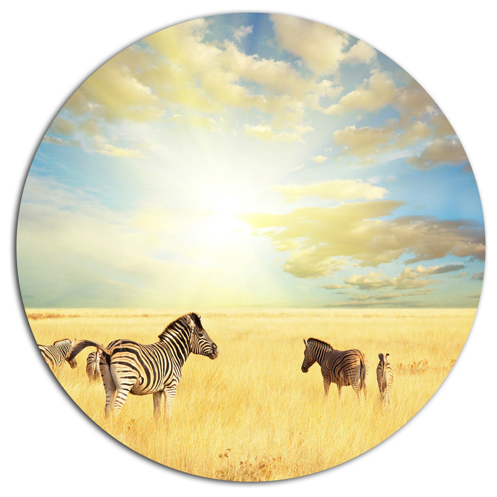 Sunset Over Grassland With Zebras, African Round Metal Wall Art, 36"