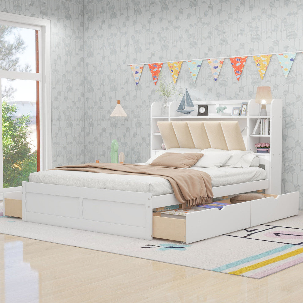 Gewnee Wood Queen Size Platform Bed with Storage Headboard