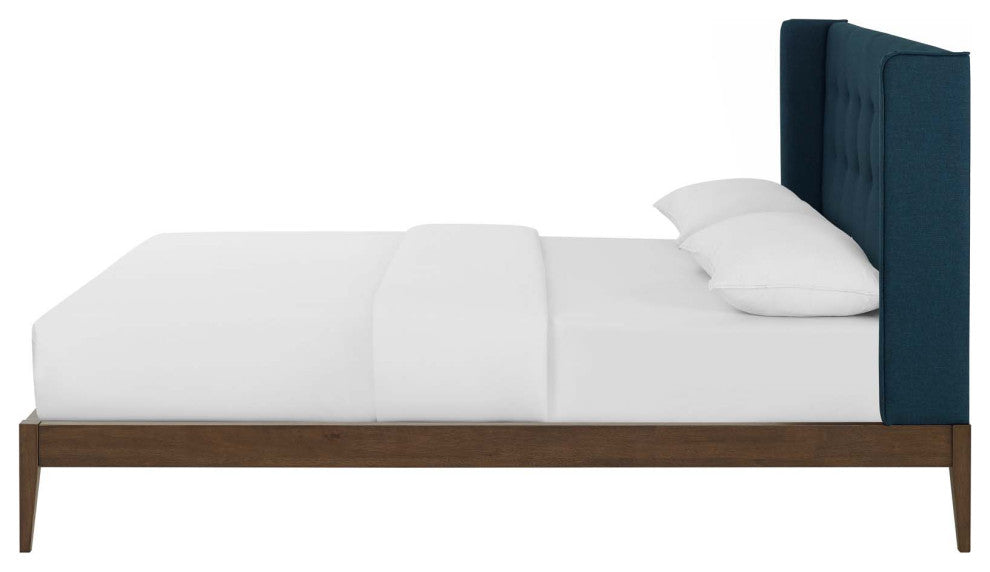 Contemporary Modern Bedroom Queen Size Platform Bed Frame, Fabric, Blue