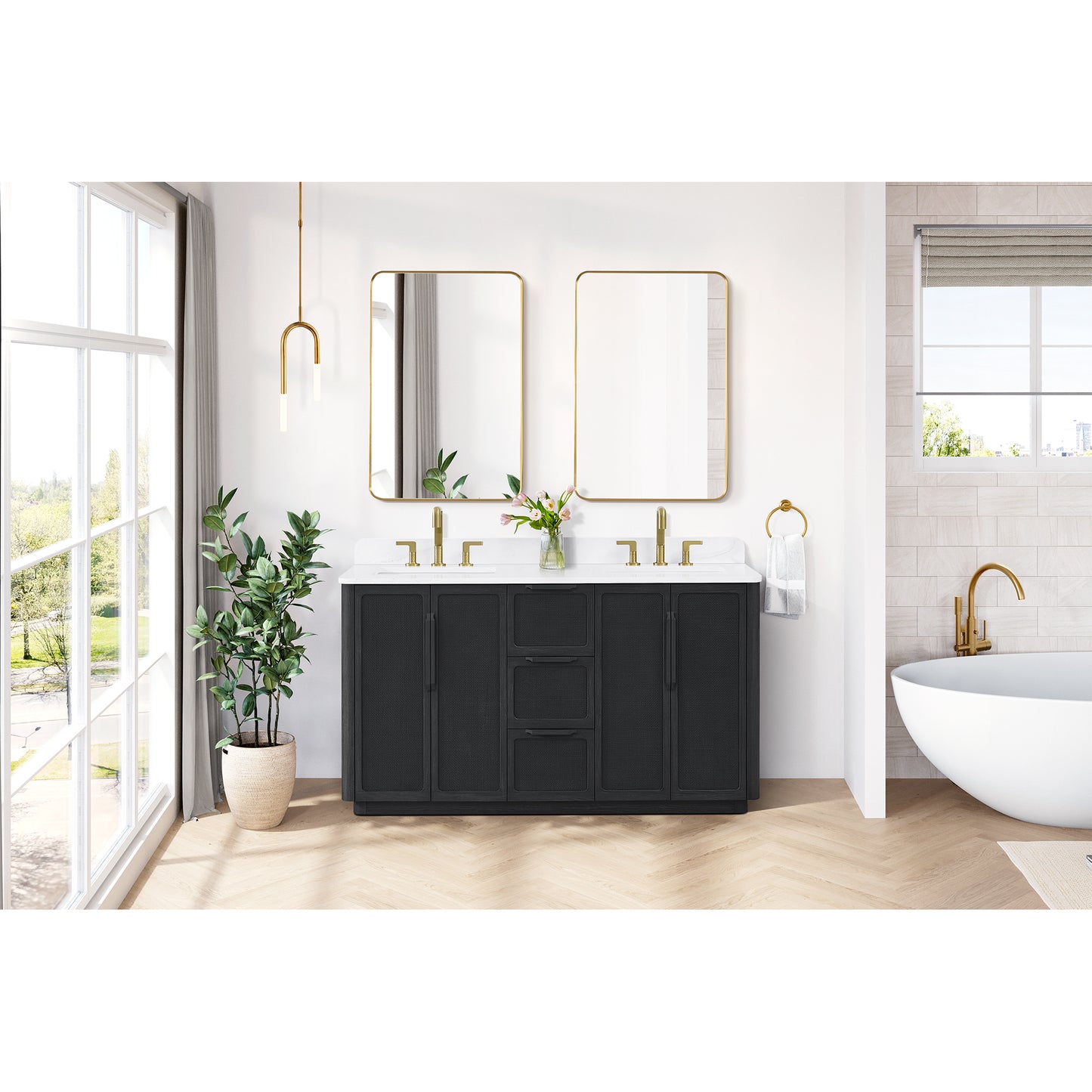 Busan Bath Vanity, Quartz Top No Mirror, Oak Classic Black, 60", Double Vanity