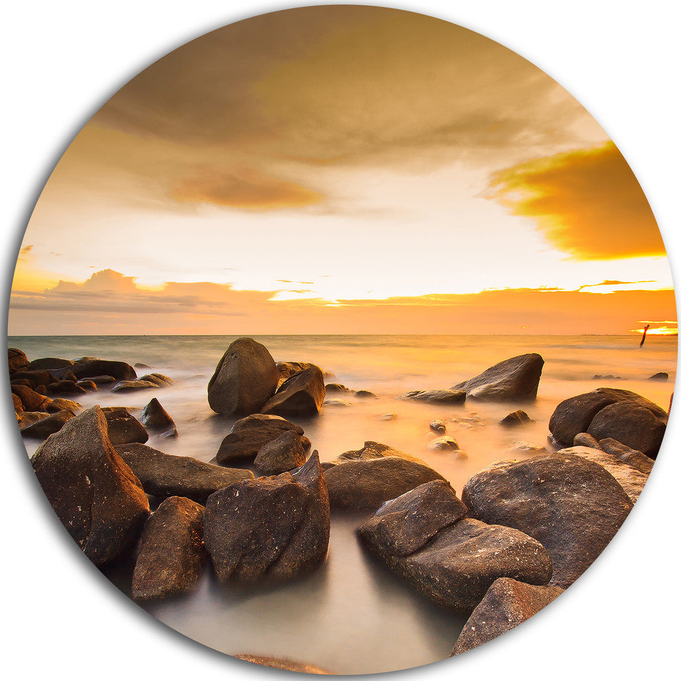 Rocky Yellow Tropical Beach, Seashore Disc Metal Wall Art, 36"