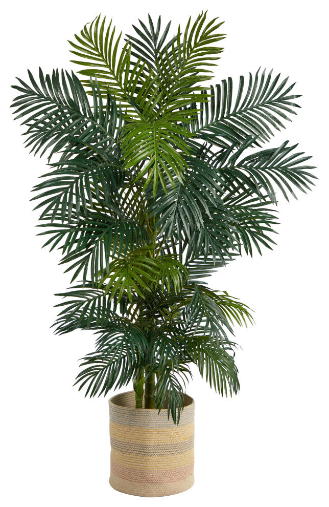 6.5' Golden Cane Faux Palm Tree, Handmade Cotton Multicolor Woven Planter
